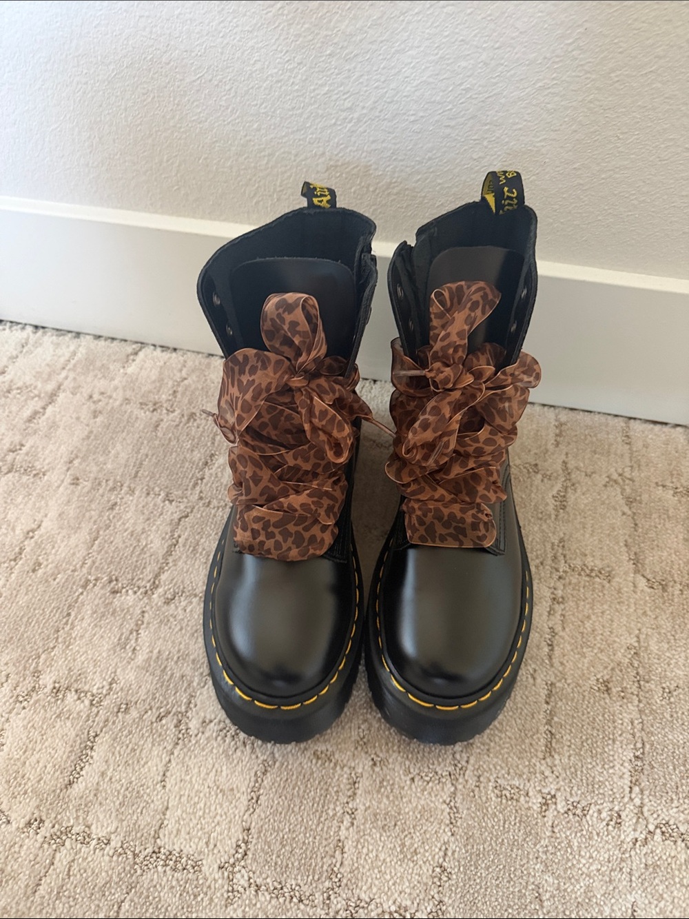 Dr. Martens Black Platform Combat Boots with Brown Leopard Ribbon Laces